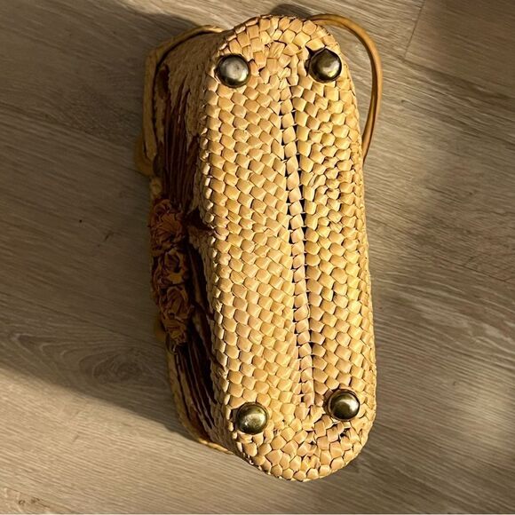 Straw Wicker 60s 70s Vintage Woven Large Dual Handle Yarn Floral Yarn Tote Bag - Picture 6 of 11